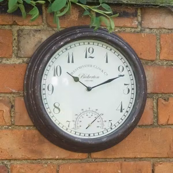 Marco Paul Bickerton Brown 12 inch Round Analog Outdoor Wall Clock and Thermometer – 1