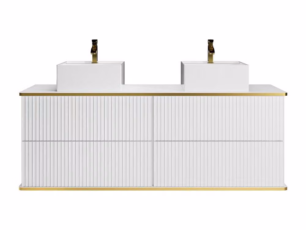 Vente-unique Double Suspended Ribbed Bathroom Vanity Unit with Gold Trim in White – 2