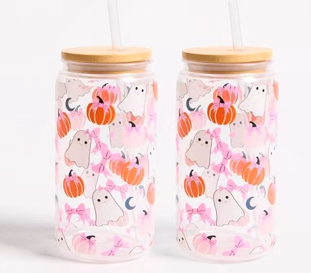 OHS 2 Pack Pink Transparent Plastic Halloween Tumbler Cups with Bamboo Lids, 600ml