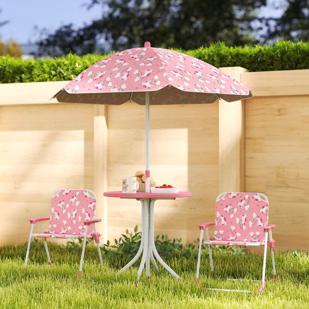 STILVORA Children's Garden Table and Chair Set with Umbrella in Pink – 2