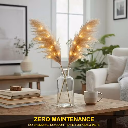 SHATCHI Prelit Champagne Pampas Grass Stem with Warm White LEDs, Beige, Height: 45 cm – 2