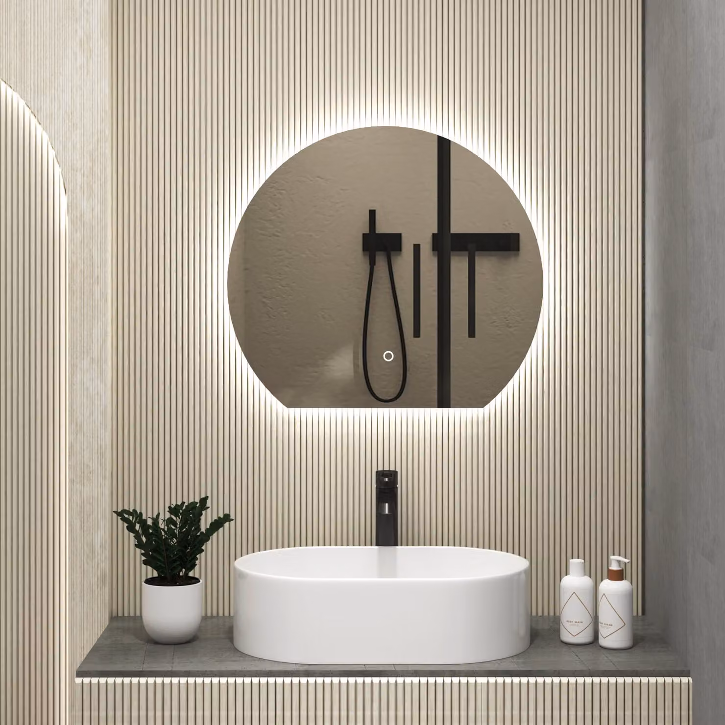 Royal Bathrooms Enso Round Frameless Chrome Backlit LED Illuminated Undercut Mirror with Demister Pad and Touch Sensor, Diameter: 60 cm, Silver