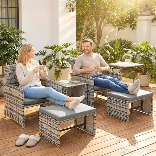 Outsunny 6 Piece L-Shape Rattan Garden Furniture Set with Upholstered Cushions and Coffee Table in Grey – 6