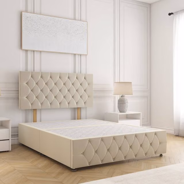 BSSPOKE Mulberry Plush Velvet Divan Bed with 24 inch Headboard in Beige, King Size, W/D/H: 180 x 200 cm