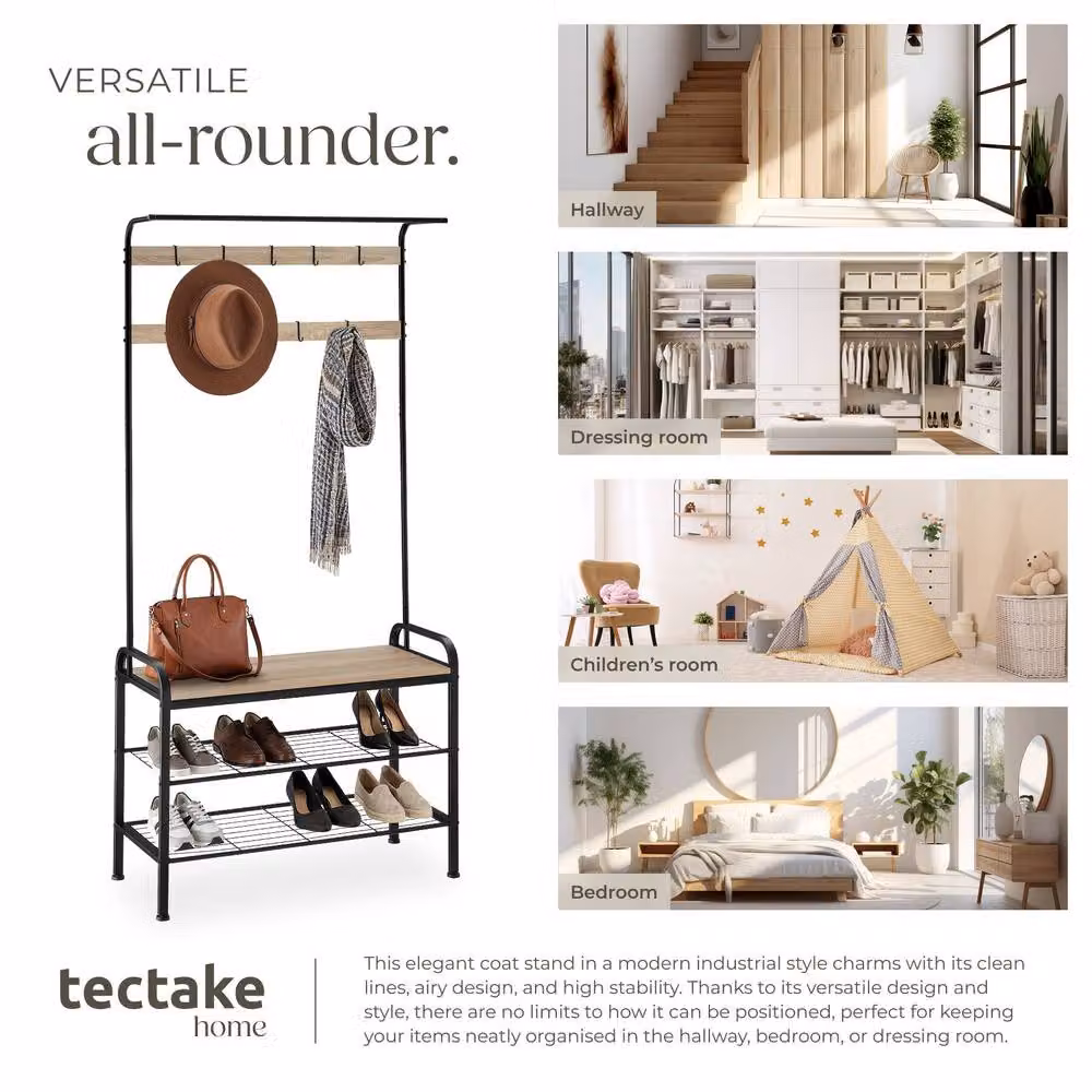 tectake Wichita Industrial Hall Tree with Bench and Dual Hook and Rail Matrix in Brown, Width: 85.5 cm – 5