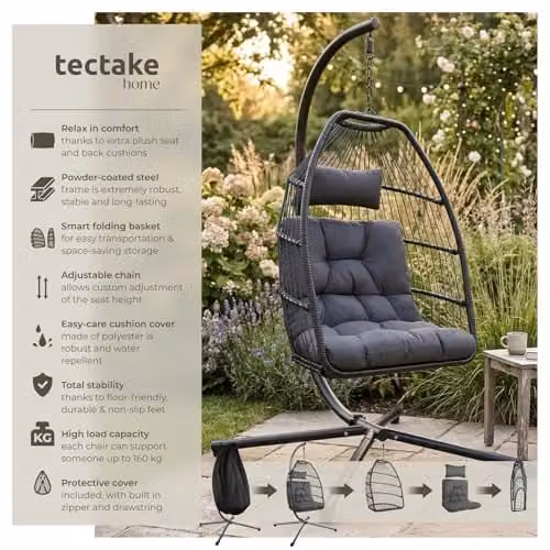 tectake Grey Rattan Egg Chair with Powder Coated Steel Stand and Cushions – 2