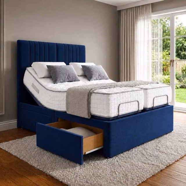 K Mehmood Enterprise Ltd Luxury Electric Adjustable Bed with Storage Drawers and Headboard in Blue Upholstered Fabric
