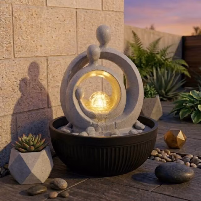 Garden Greatness Abstract Family LED Ball Tabletop Water Feature in Grey and Multicolour, W/D/H: 28.0 x 28.0 x 20.0 cm