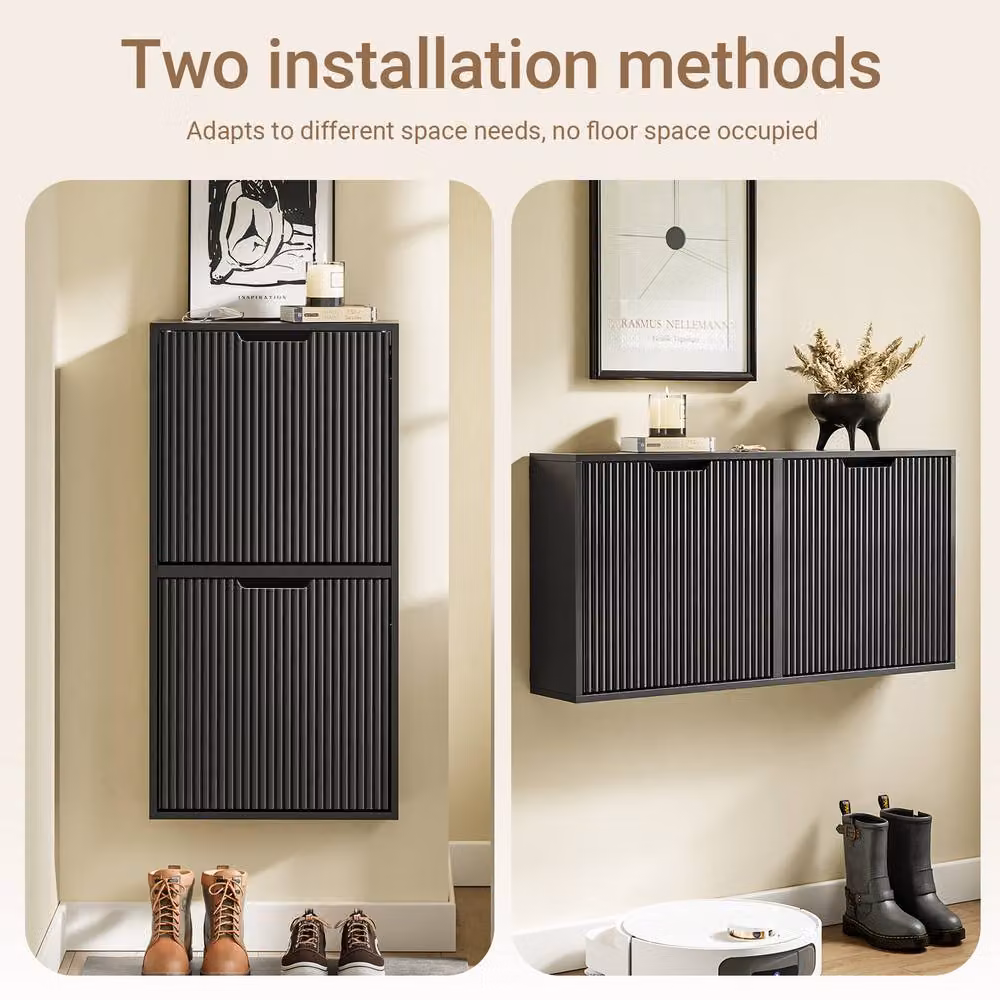 SoBuy Modern Black Matt Wall Mounted Shoe Cabinet with Tilting Compartments and Internal Shelves – 2