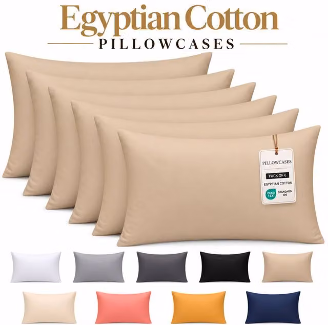 Pamposh Pack of 6 Beige Egyptian Cotton Pillowcases, 400TC Mako Satin with Envelope Closure – 1