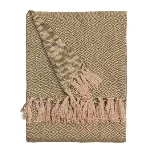 Riva Home Green Geometric Woven Boho Throw with Fringes, W: 130 cm, L: 180 cm