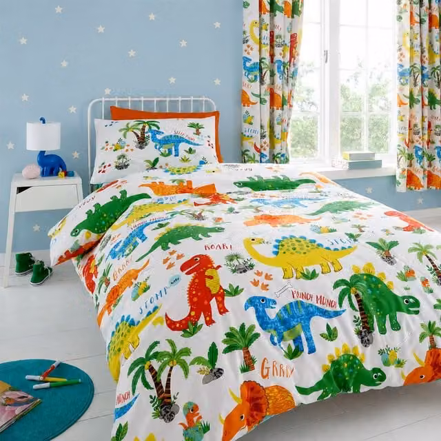 Happy Linen Company Kids Dinky Dinosaurs Reversible Linen Duvet Cover Bedding Set, Multicolour, Toddler Size