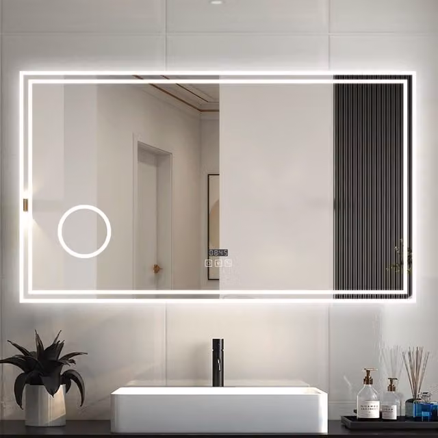 Aica Bathroom Dimmable LED Rectangular Mirror with Bluetooth Speaker and Touch Control, White, Width: 120 cm