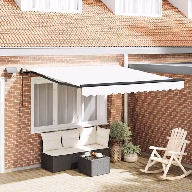 Berkfield Home Manual Retractable Folding Arm Awning with LED in White, W: 350 cm, D: 250 cm – 1