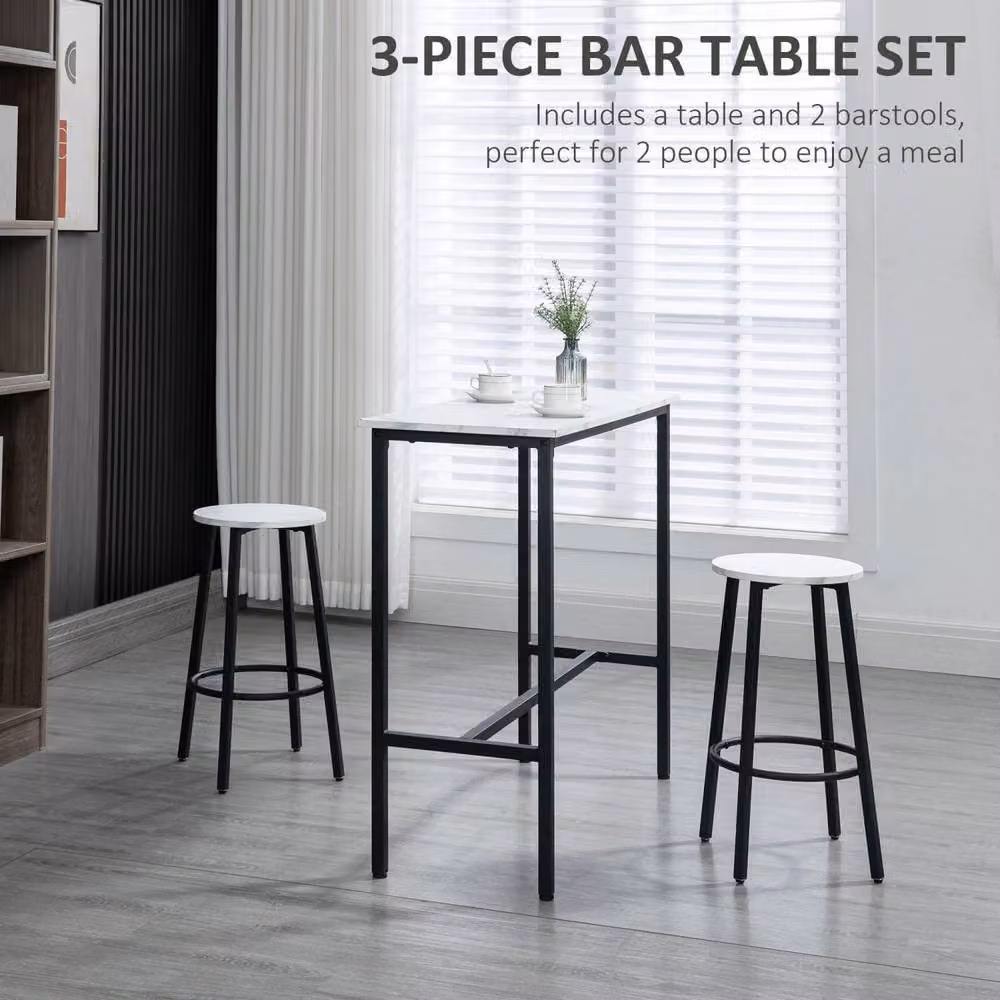 Wyld Haus Telano 3 Piece Marble Effect Bar Table and Stool Set in White and Black – 4