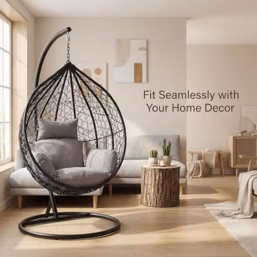 Alivio Grey Rattan Hanging Egg Chair with Stand and Cushions for Garden and Balcony – 3