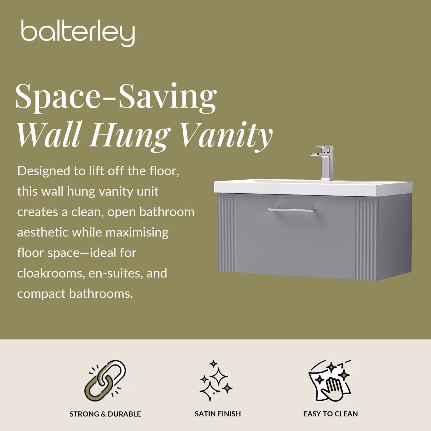 Balterley Wall Hung 1 Drawer Vanity Unit with Mid-Edge Basin, Satin Grey, Width: 80 cm – 2
