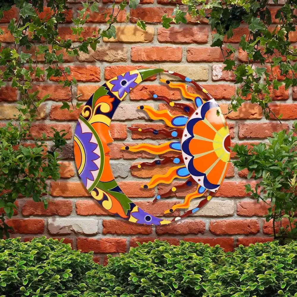 NESTLUNE Multicolour Sun and Moon Metal Wall Art Hanging Garden Ornament, W/H: 100 x 15 cm – 4