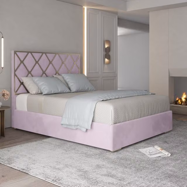 Repose Pink Velvet Upholstered Metal Bed Frame W/D/H: 180 x 200 cm