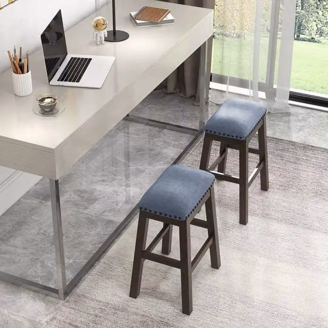 EONLION Set of 2 Blue Fabric Bar Stools with Rubberwood Legs, Height: 100 cm – 1