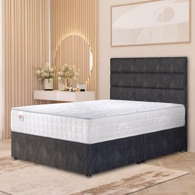 Horizona Tweed Small Double Divan Bed Set with Pocket Spring Hybrid Mattress and Floor Standing Headboard in Charcoal Grey, W/D/H: 120 x 200 cm