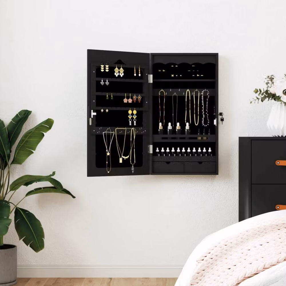 Berkfield Home Wall Mounted Mirror Jewellery Cabinet in Black, W: 37.5 cm, D: 10 cm, H: 67 cm – 2