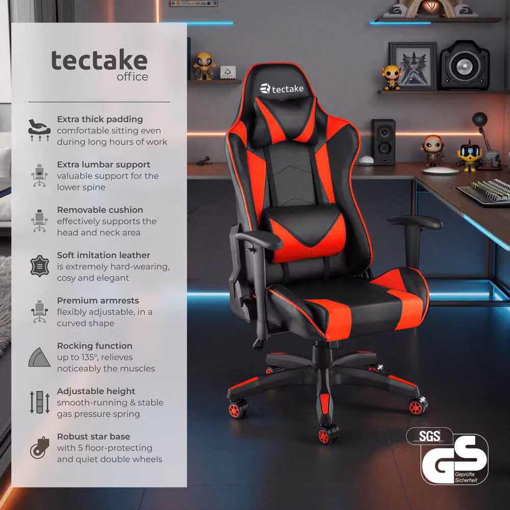 tectake Stealth Gaming Chair in Red and Black with Synthetic Leather and Headrest – 2