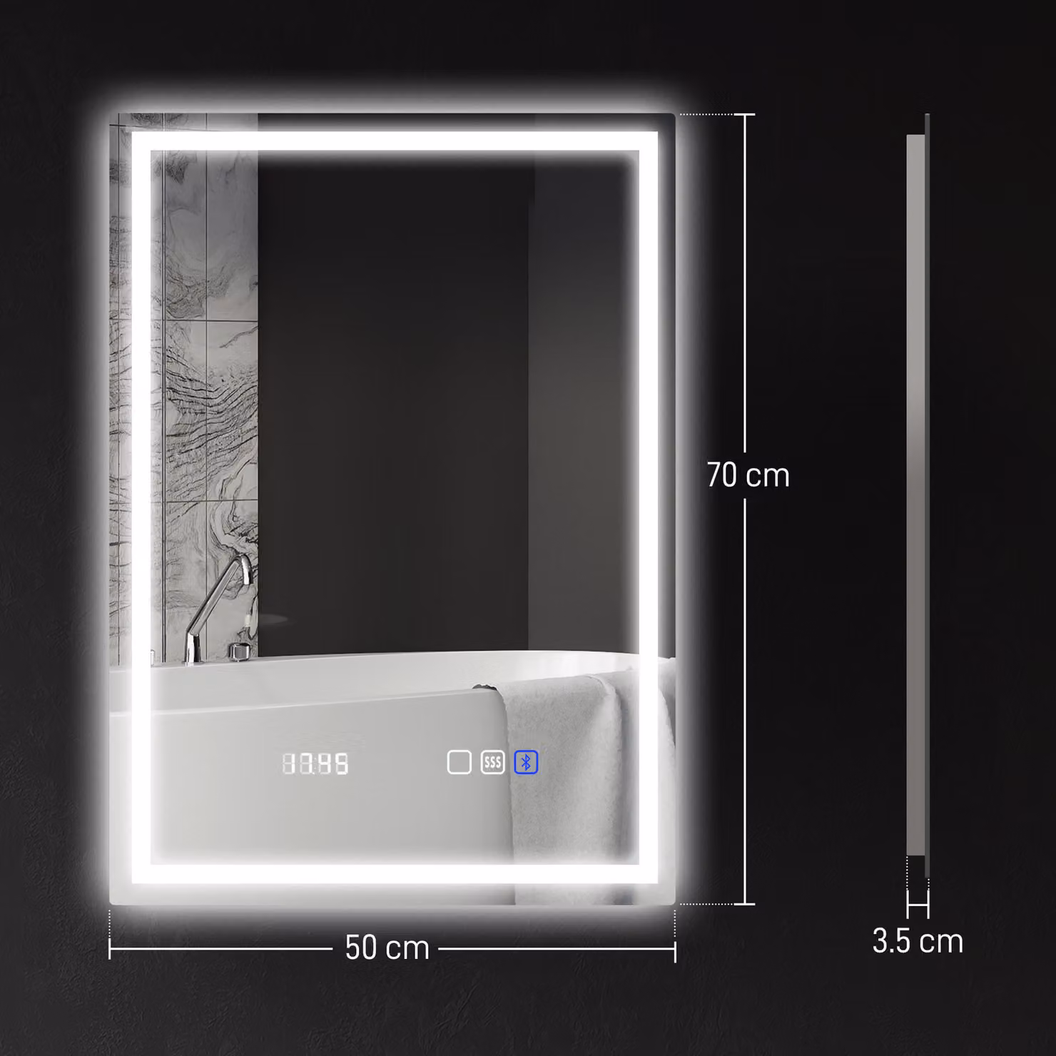 HOMCOM Silver Anti-Fog LED Bathroom Mirror with Bluetooth and Clock, W: 50 cm, H: 70 cm – 3