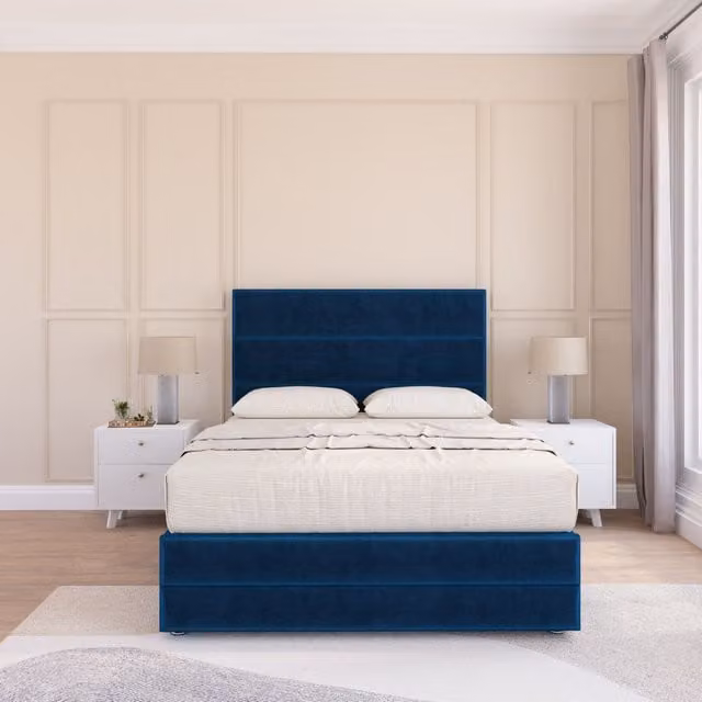 Sloomy Monaco King Size Divan Bed Set with Matching Footboard in Navy Blue Plush Velvet