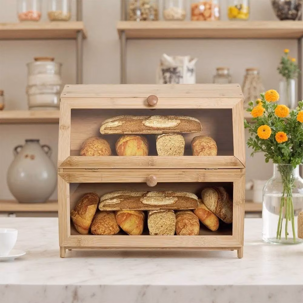 FLAVORA Natural Double Layer Bamboo Bread Box in Brown and Black, W/D/H: 39.0 x 32.0 x 25.0 cm – 2