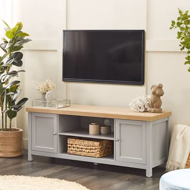 Wyld and Coco Scandinavian TV Stand with Cable Management, Grey and Light Wood – 1
