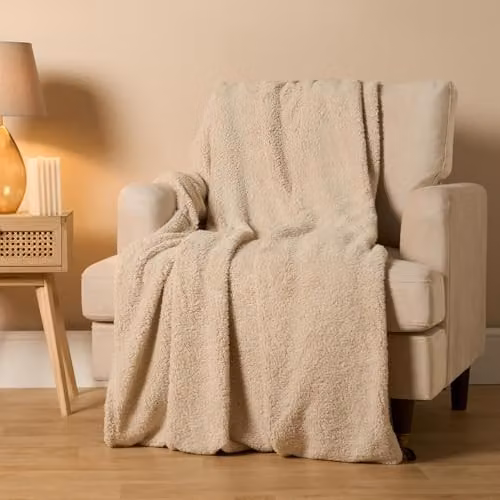 Brentfords Natural Teddy Fleece Throw Blanket, Beige, W/D/H: 150 x 200 cm – 1
