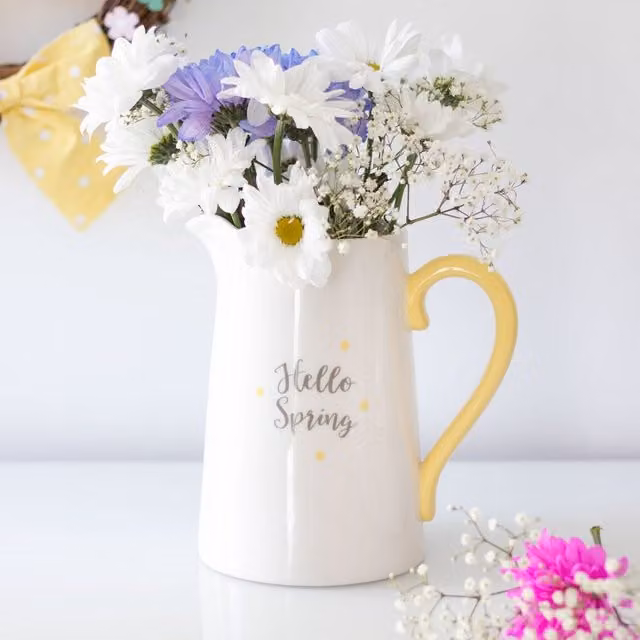 Little Cosy Home Hello Spring Ceramic Flower Jug in White and Yellow