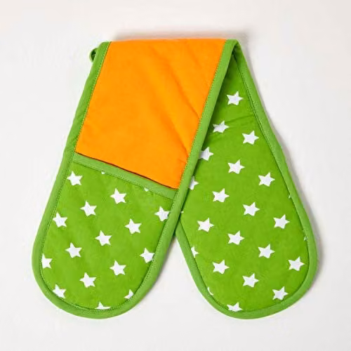 Homescapes Cotton Double Oven Glove in Green and Orange