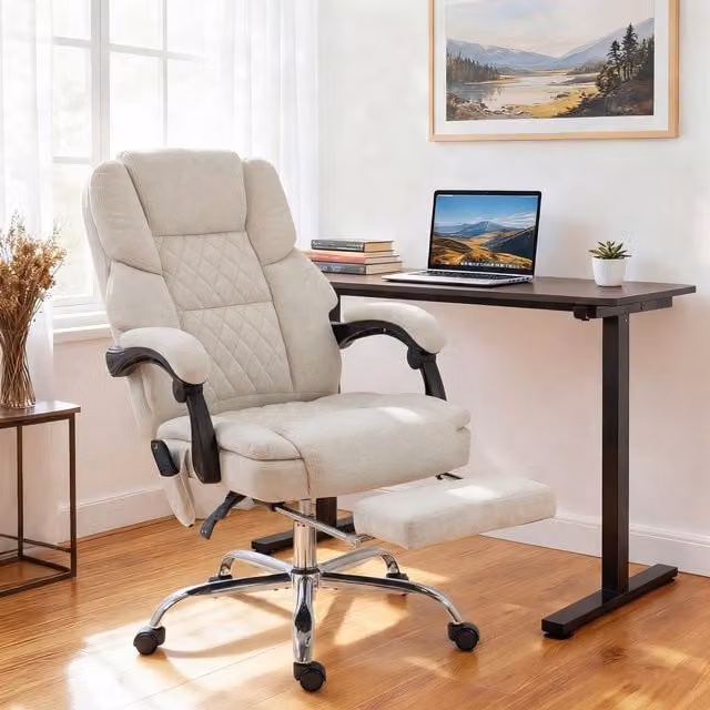 HOMCOM Massage Office Chair with Heat and 135 Degree Recline, Beige Velvet Executive Desk Chair with Footrest and Headrest