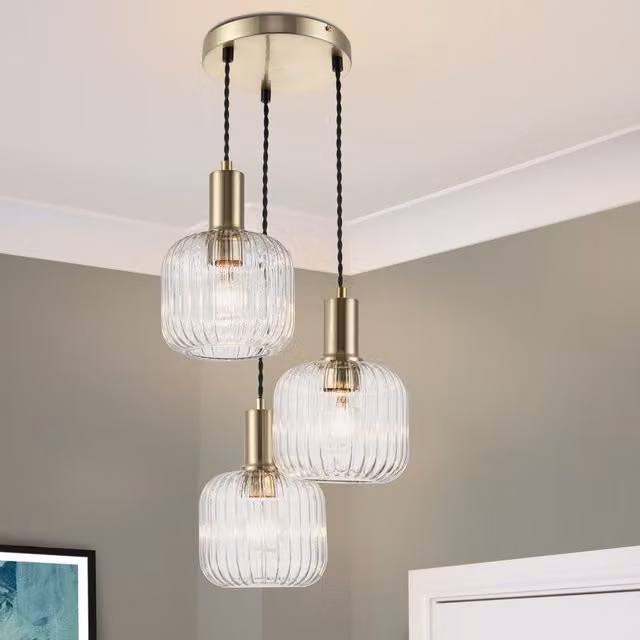 COSYLYTE Maple 3 Light Glass Cluster Pendant Light in Brushed Brass and Transparent Glass