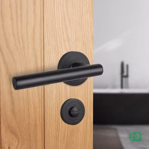 EAI Olbia Matt Black Bathroom Handle Kit with 80mm Lock and 76mm Hinges – 5