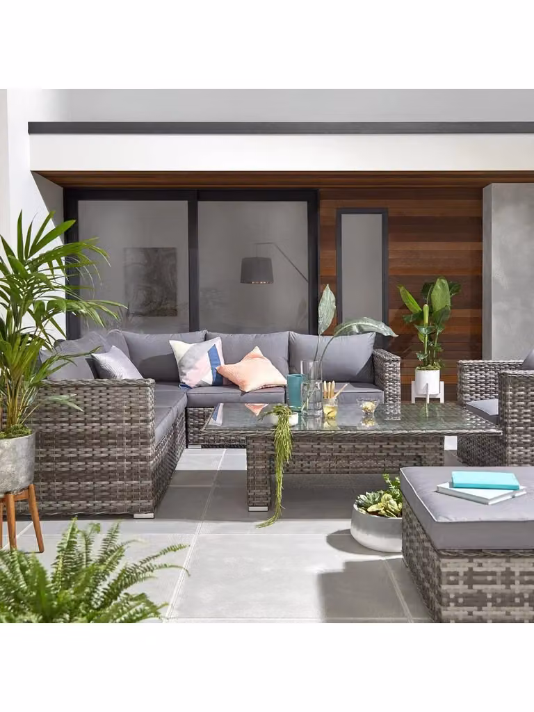 Cheap Furniture Warehouse Aruba 6-Seater Grey Polyrattan L-Shape Corner Garden Sofa Set with Left-Facing Lounge Armchair, Ottoman, and Height-Adjustable Glass Coffee Table