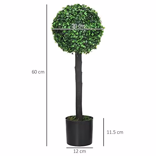 HOMCOM Set of 2 Green Artificial Boxwood Topiary Balls in Concrete Pots, W/D/H: 20 x 20 x 60 cm – 5