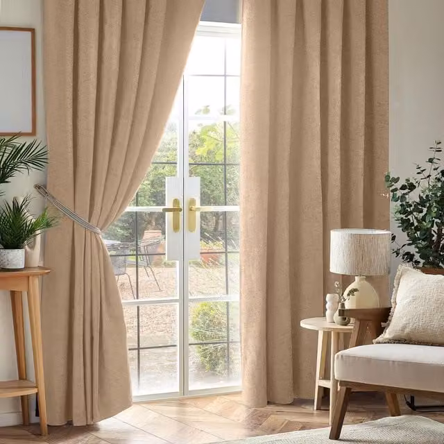 Livinluxury Beige Chenille Blackout Pencil Pleat Top Curtains, Width: 137 cm, Height: 117 cm
