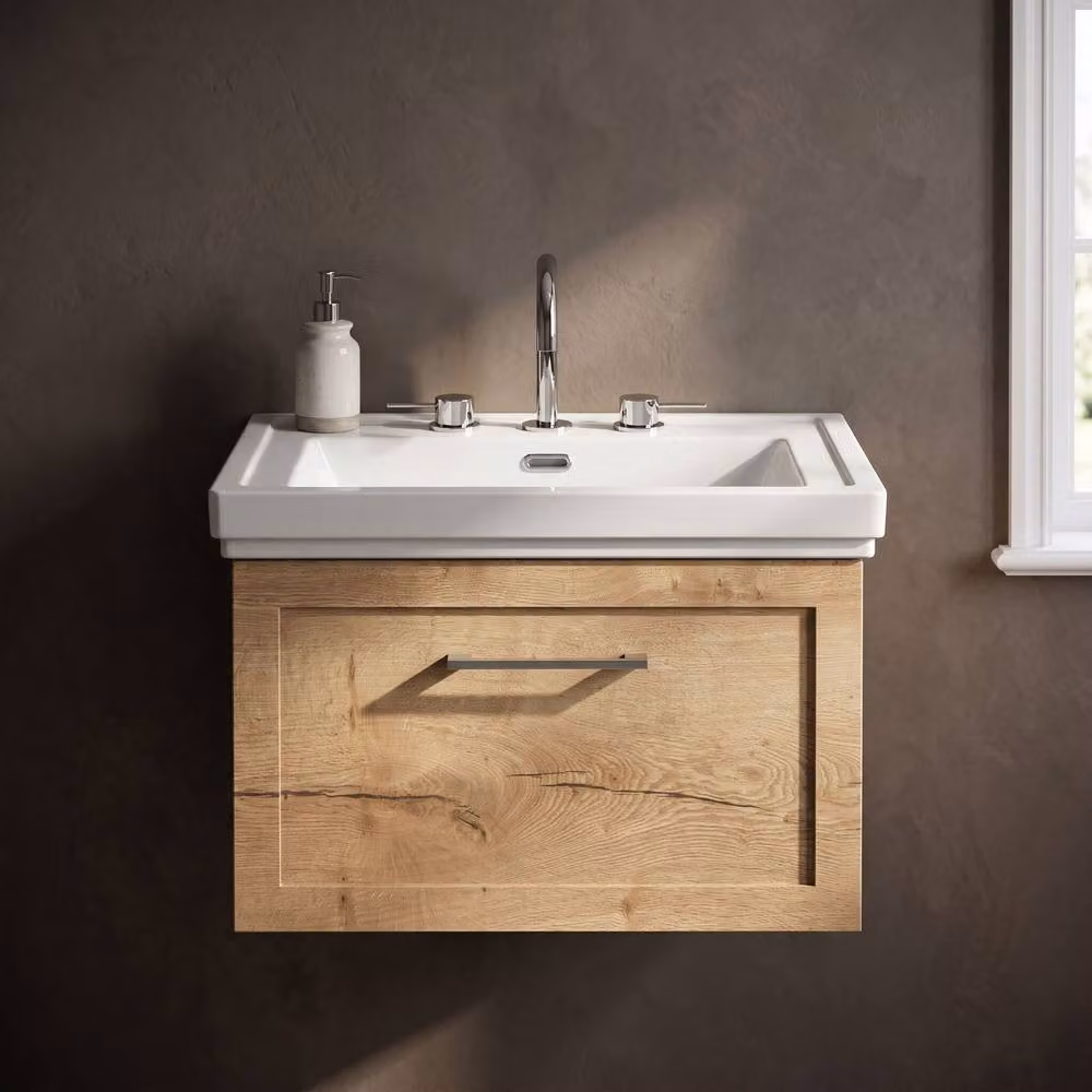 Balterley Stonnall Wall Mounted 1 Drawer Vanity Unit and 3TH Fireclay Basin in Autumn Oak and White, Width: 60 cm – 3