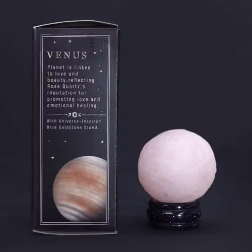 Ancient Wisdom Rose Quartz Venus Planet on Solar Goldstone Stand in Pink and Gold