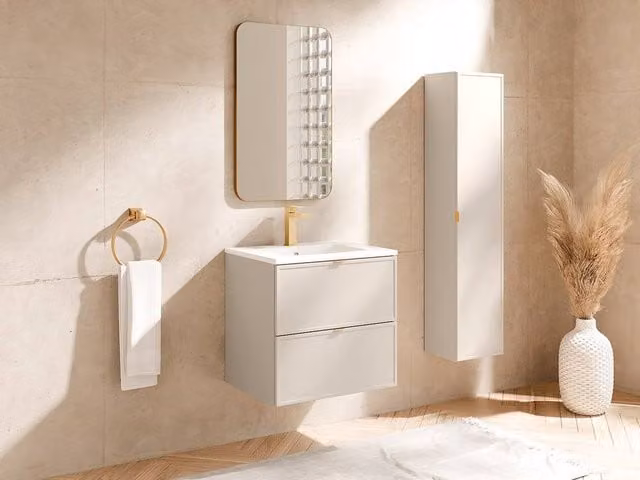 Vente-unique Modern Beige Wall-Mounted Bathroom Vanity Unit with Inset Ceramic Basin and Tall Cabinet – 1