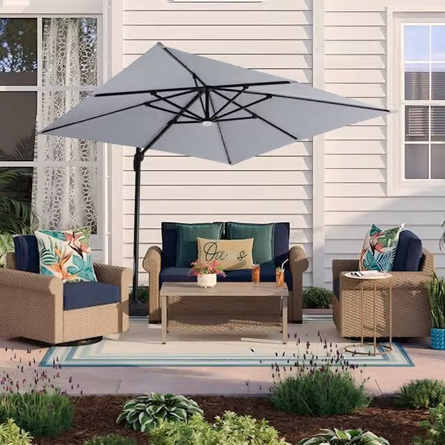 Livingandhome Garden Square Cantilever Parasol with Solar-Powered LED Lights in Grey