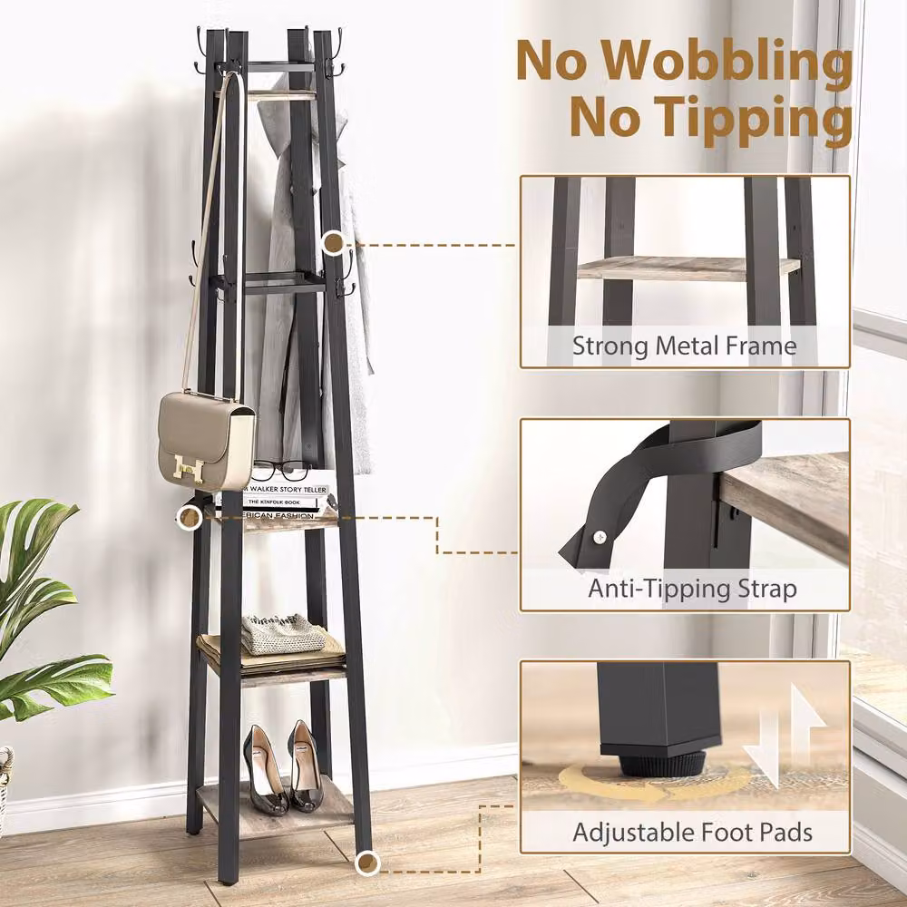 STILVORA Industrial Coat Stand with 8 Hooks and 4 Shelves in Grey and Black – 6