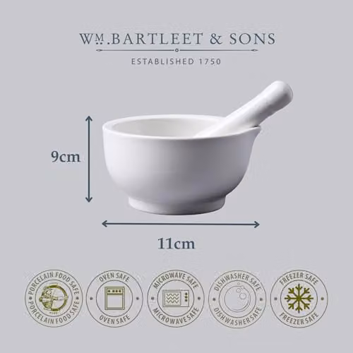 WM Bartleet & Sons White Porcelain Mortar and Pestle Set with Pouring Spout, 11 cm – 7