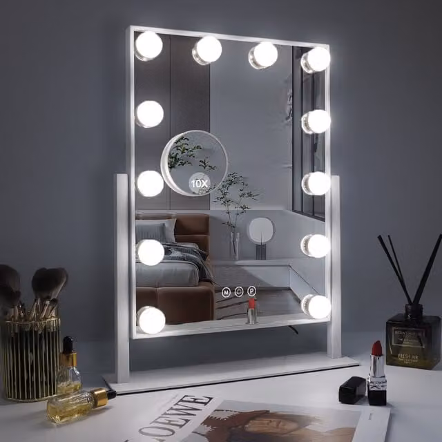 FENCHILIN Hollywood Vanity Mirror with 12 LED Lights in White Metal