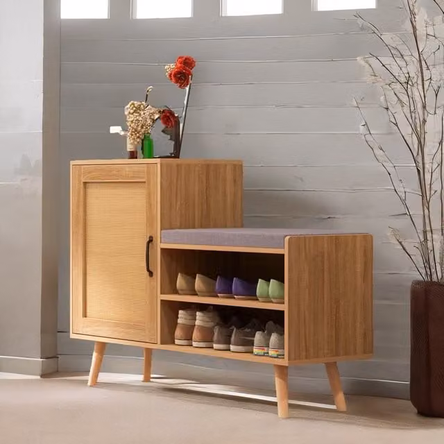 Rafaelo Mobilia Mid-Century Wooden Shoe Storage Bench with Fabric Cushioned Seat and Cabinets in Brown – 1