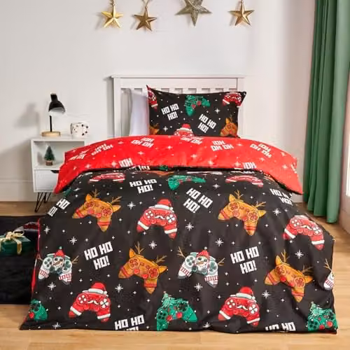 OHS Gaming Bedding Set for Children, Reversible Microfibre Duvet Cover and Pillowcase, Black and Red, W: 135 cm, L: 200 cm – 1