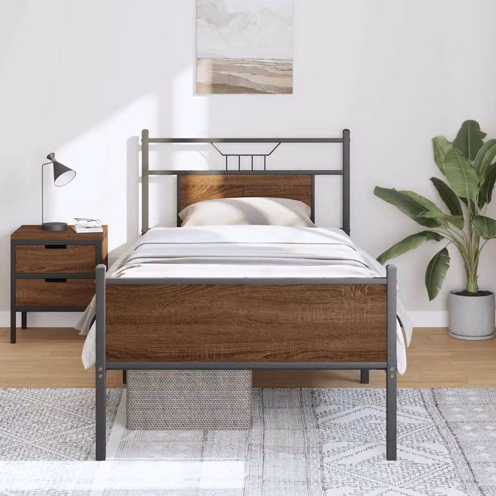 Berkfield Home Durable Single Bed Frame in Brown Oak, W/D/H: 90 x 190 x 91.5 cm – 2